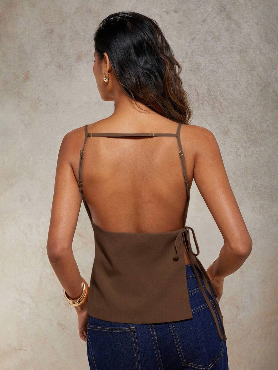COSMINA 女士性感纯色系带露背吊带背心（夏季） - 咖啡棕 - 查看 1