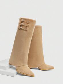 Daringsoles Botas occidentales de tacón grueso con punta puntiaguda y flecos para mujer, botas altas de ajuste ceñido - Camel - Ver 13