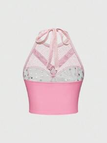 ROMWE Grunge Punk Sexy Punk Metal Rivet PU Patchwork Mesh Tight Halter Neck Top - Pink - View 2