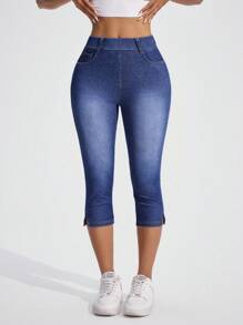Flexra Jeans de mezclilla de punto con cintura alta elástica, dobladillo dividido y lavado casual para mujer - Azul lavado medio - Ver 3