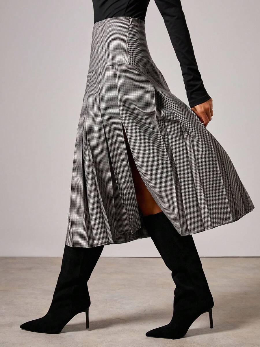 COSMINA 女式全印花百褶开衩优雅半身裙 - 黑與白 - 查看 1