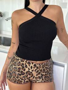 Lucia Bellido Top de punto ajustado a rayas con cuello halter para mujer