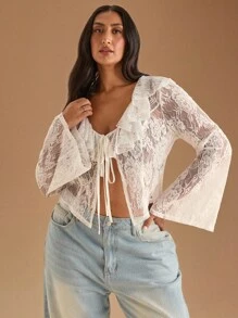 SHEIN BAE Áo cánh tay loe ren xếp nếp mỏng dài tay cỡ lớn cho nữ - trắng - Xem 4