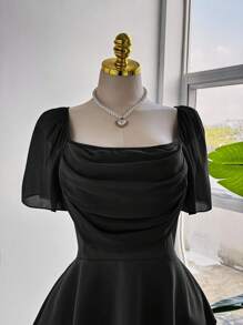 Sweetra Áo sơ mi voan tay bèo nhún lãng mạn thanh lịch cỡ lớn dành cho nữ, cổ nhún bèo, viền eo nhún bèo - màu đen - Xem 4