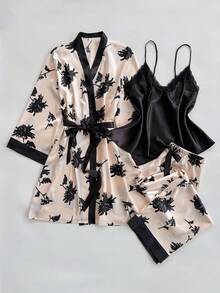 SHEIN 3 件套女士加大码花卉印花优雅缎面内衣睡衣睡衣睡袍 - 黑色 - 查看 5