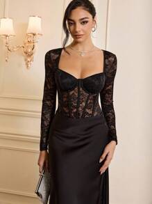 Glamine Charm Bộ đồ liền thân ren vá màu trơn cổ tim gợi cảm trong suốt có tay dài dành cho nữ - màu đen - Xem 7