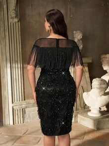 Aureia Plus Size Elegant Simple Black Round Neck Transparent Neckline Splicing Luxury Beaded Tassel Tight Hips Suitable For Wedding Party Celebration Important Occasion Cocktail Gown - Black - View 4