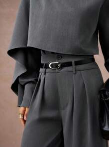 Lumalex 秋冬酒红色低调复古闪亮假日派对装扮锐舞节郊游度假波西米亚风BOHO户外丰富层次婚礼季宴会成人礼两件套女士高腰收腰中长西装套装带披肩袖灰色两件套现代女装单色套装两件裤装女士灰色套装奢华舞会圣诞节新年 - 灰色 - 查看 7