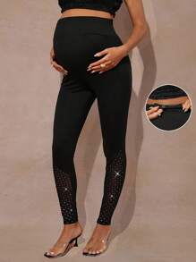 MaterniChic Autumn And Winter Maternity Fashion Silver Foil Mesh Patchwork Leggings - Black - View 1