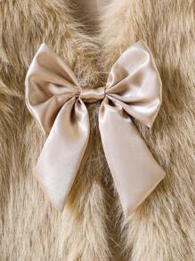 Elladie kids 少女毛绒蝴蝶结装饰外套背心，适合休闲、时尚、优雅的日常穿着 - 卡其色 - 查看 4