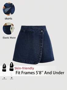 SHEIN Tall CURVE Quần short denim cạp cao thời trang dạo phố mùa hè thường ngày cỡ lớn dành cho nữ - Rửa tối - Xem 1