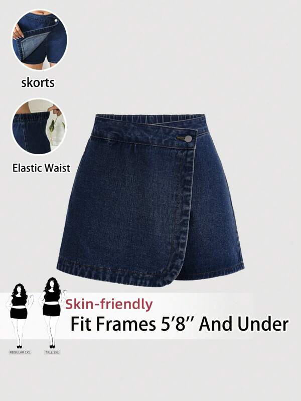 SHEIN Tall CURVE Plus Size Women's Autumn Casual Fashion Street Wrap Waist Denim Shorts,Back To School Plus Size Denim Skirt Denim Skirt Denim Skort Elastic Waist Denim Skirt Skort,Fall Clothes For Women