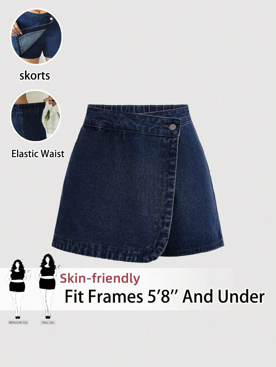 SHEIN Tall CURVE Quần short denim cạp cao thời trang dạo phố mùa hè thường ngày cỡ lớn dành cho nữ - Rửa tối - Xem 1