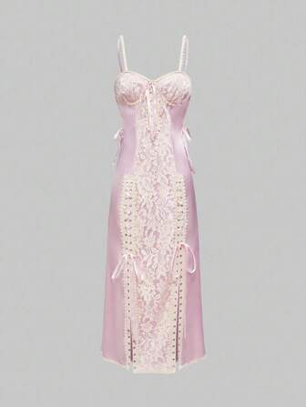 Kawaii Abito lungo elegante con coulisse, rosa e bianco