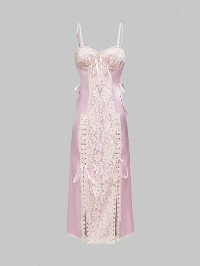 Kawaii Women's Elegant Drawstring Long Dress, Pink & White