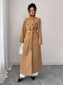 Elenzga Áo khoác dài cổ bẻ tay raglan hai hàng khuy xẻ tà buộc dây cho nữ - Màu Khaki - Xem 6