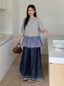 Dazy Plus Contrast Color Block Striped Round Neck Loose Short Sleeve Casual T-Shirt For Girls, Early Autumn - Grey - View 4