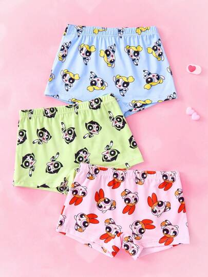 THE POWERPUFF GIRLS X SHEIN 年轻女孩花朵、泡泡、毛茛图案内裤
