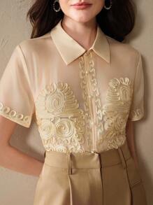 Anewsta Collared Wrap Front Elegant Sexy Short Sleeve Regular Length Casual Blouse