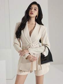 Heiryn Asymmetrical Pleated Vintage Double-Breasted Belted Slim Fit Korean Style Jacket In Fall/Winter - Khaki - View 4