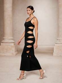 SHEIN Unity Party Women Clothes,Night Out,Women's Knitted Sleeveless Sexy Hollow-Out Slim Fit Long Dress, Fashion And Stylish Summer Dress - Black - View 1