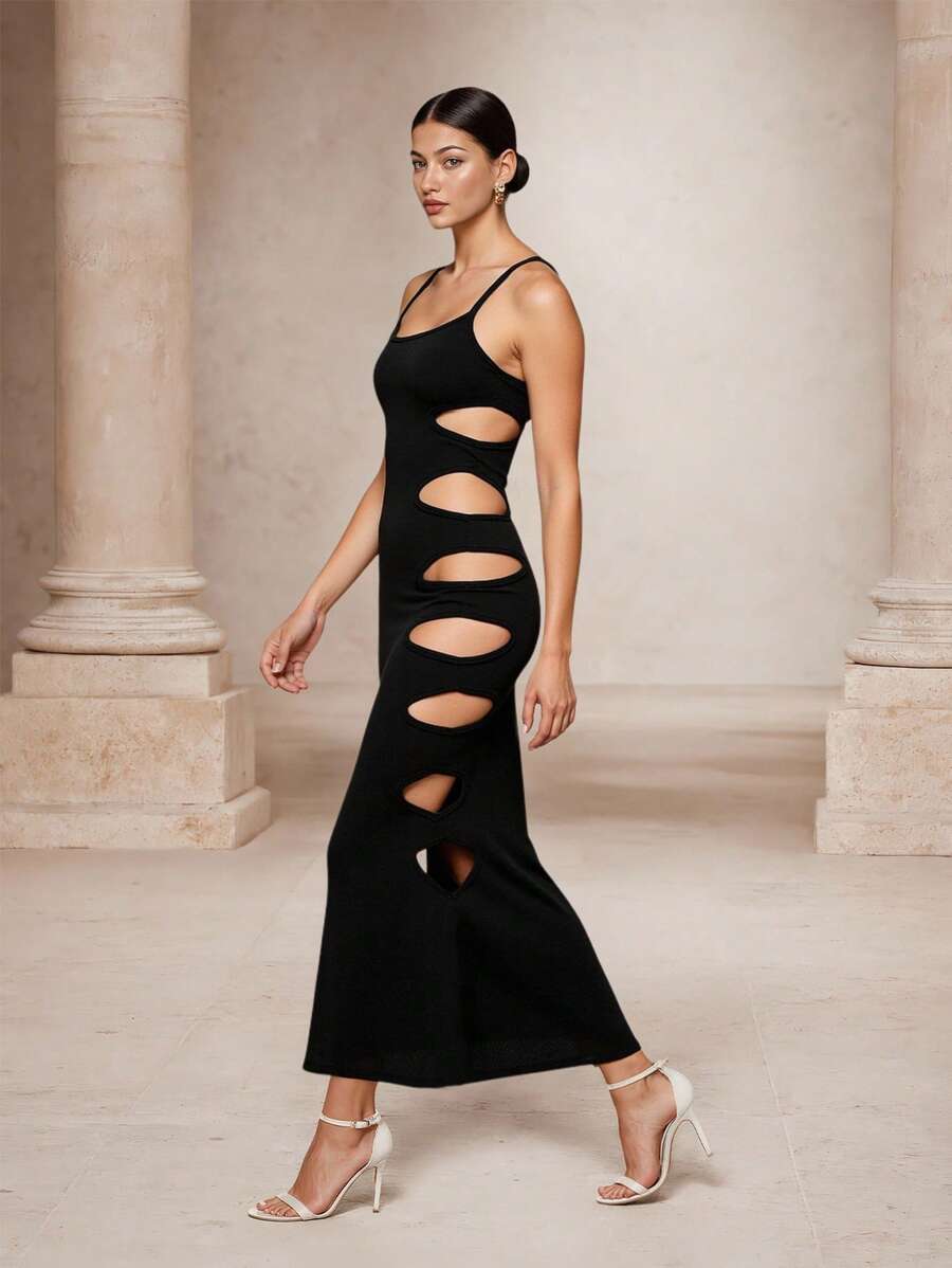 SHEIN Unity Party Women Clothes,Night Out,Women's Knitted Sleeveless Sexy Hollow-Out Slim Fit Long Dress, Fashion And Stylish Summer Dress - Black - View 1