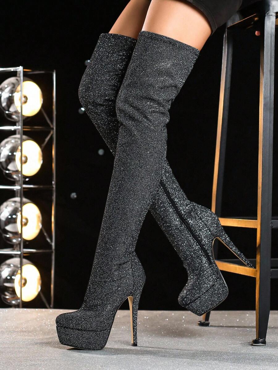 Cuccoo CUCCOO LuxiPop Botas altas de plataforma y tacón fino de mujer, con cremallera lateral, puntera redonda, suela gruesa, versátiles y casuales, de color negro, adecuadas para Halloween, Navidad, discoteca y fiestas