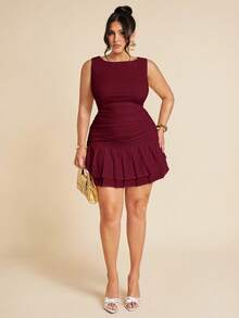 SHEIN BAE Váy ngắn hai lớp nhún bèo không tay màu trắng ôm sát cỡ lớn dành cho nữ, phù hợp cho mùa hè, thu/đông, váy xanh lá cây xô thơm - Màu Đỏ Sâu - Xem 7