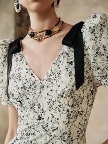 EMERY ROSE Rochie elegantă de damă, cu decolteu în V, model floral, cu nod și mânecă scurtă, în talie, potrivită pentru școală, vacanță, întâlniri, primăvară/toamnă - Alb-negru - Vizualizare 3