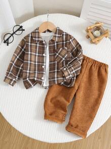 SHEIN 2 pièces Ensemble veste à carreaux et pantalon décontracté à taille élastique pour bébé garçon/fille, tenue polyvalente pour l'automne et l'hiver - Multicolore - Voir 3