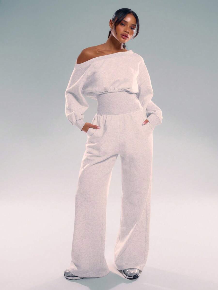 MUSERA 不对称肩部束腰阔腿连体裤，休闲夏季度假秋季冬季居家舒适休闲