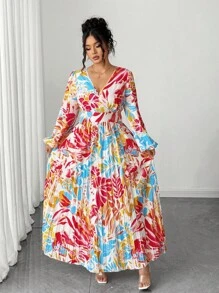 Elenzga Halloween Plus Size Women's Elegant Colorful Floral Print V-Neck Ruched Flared Hem High Slit Long Sleeve Maxi Dress Fall Cloth For Women - Multicolor - View 6