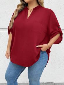 SHEIN CURVE+ 加大码卷舌袖黑色衬衫，优雅、度假、基本款 - 酒紅色 - 查看 7