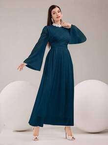 Modelyn 女士优雅派对珍珠缀饰喇叭袖连衣裙 - 水鴨藍 - 查看 3