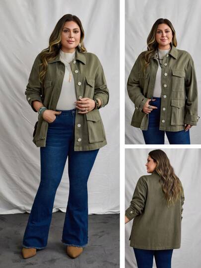 EMERY ROSE Chaqueta de mezclilla de unicolor versátil y casual para mujer de talla grande