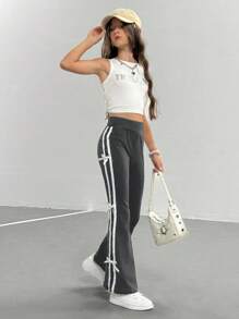 青少年女孩美式学院风休闲条纹绿色裤子 - 灰色 - 查看 6