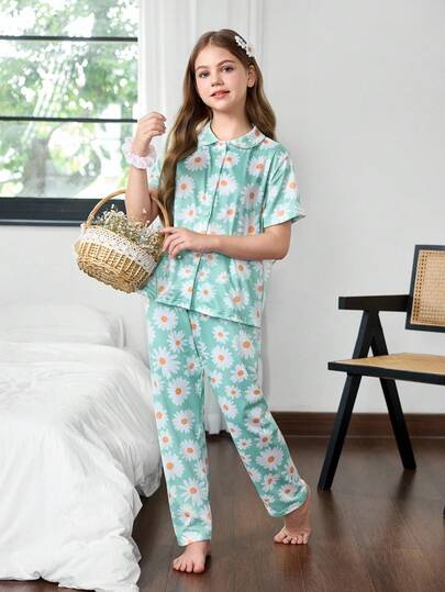 2件套女童花卉印花短袖睡衣套装，浅绿色，适合春、夏、秋季居家穿着