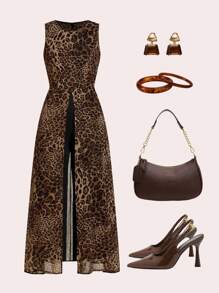 Ellevyn Mono largo elegante sin mangas con estampado de leopardo para mujer, sexy y versátil - Negro - Ver 2