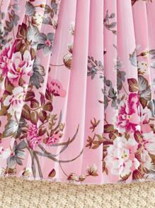 SHEIN Young Girl Pink Printed Bell Sleeve Pleated Princess Dress - Pink - View 7