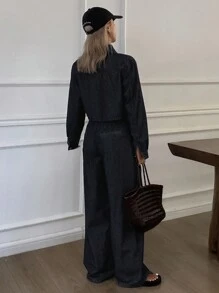 Livesso Women's Loose Fit Long Sleeve Top And Denim Pants Set, Autumn - Blue - View 2