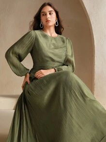 Anewsta 女式加大码橄榄绿色亮面长裙，圆领，腰部褶饰，泡泡袖，优雅百搭 - 橄欖綠 - 查看 3