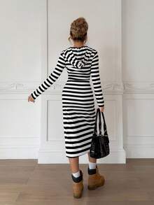 SHEIN Teen Girl Casual Sports Black & White Ribbed Hooded Snug Fit Maxi Dress Fall Winter - Black and White - View 5