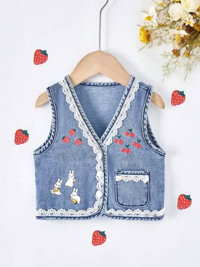 SHEIN Baby Girl Summer Bunny & Fruit Print Contrast Lace Sleeveless Denim Vest,Fall Casual And Comfortable Wear