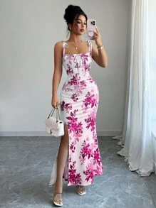 Elenzga Gaun Wanita Terbaru dengan Tali Bahu Tipis, Ikat Pita di Pinggang, Hem Bergelombang, dan Belahan, Serbaguna untuk Kencan, Pesta, dan Pakaian Sehari-hari, Menawan dan Elegan - Hot Pink - View 7