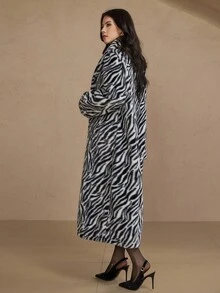 DAZY Zebra Print Thermal Lined Thick Warm Long Faux Fur Coat For Women - Black and White - View 7