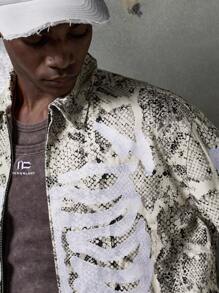 NEON BLANC Men's Long Sleeve Halloween Snake Skeleton Print Zip-Up Casual Jacket, Fall, Winter - Beige - View 3