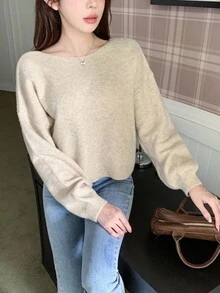 SHEIN Teen Girl Bow Decor Minimalist Long Sleeve Sweater, Casual Everyday Wear Winter Clothes, Long Sleeve Sweaters - White - View 2