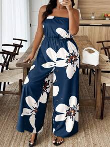 EMERY ROSE Plus Size Women Floral Print Bandeau Jumpsuit, Perfect For Vacation - Multicolor - View 4