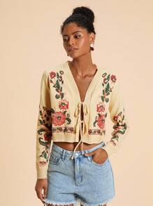 Travachic Women's Casual Floral Print Tie Front Cardigan, Fall Women Clothes ,Autumn Clothes ,Easter, Holidays, Beaches For Woman, Vacations Women, Concert Women, BOHO, Bohemia, Music Festival, Tropical Vacation Woman Clothes, Romantic, Autumn Clothes ,Winter Clothes ,Christmas Clothes, Going Out Tops Women ,Going Out Tops, Casual, Cute