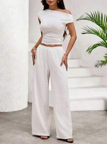 SHEIN PETITE 2pcs Women Set: Oblique Shoulder T-Shirt & Casual Pants - White - View 1